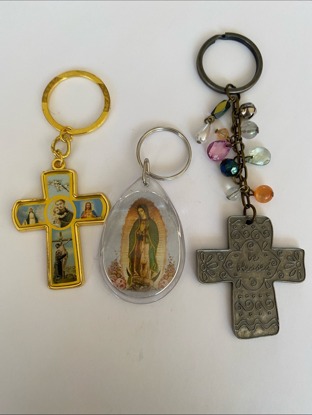 Religious Keychain Trio - Gold, Clear, Antique Silver
